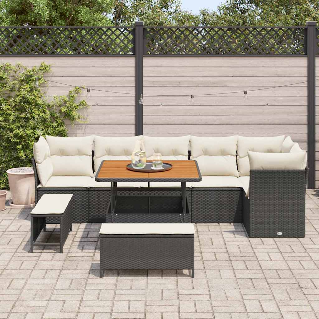 Conjunto de Sofá de Jardim com almofada 9 pcs Preto e creme
