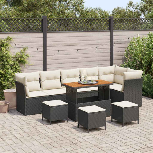 Conjunto de Sofá de Jardim com almofada 10 pcs Preto e creme