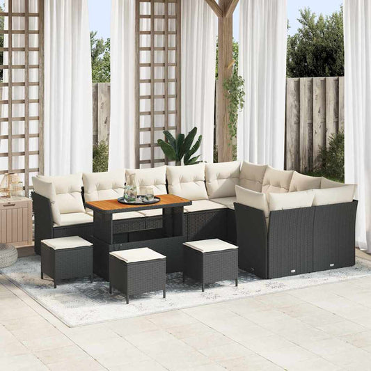 Conjunto de Sofá de Jardim com almofada 13 pcs Preto e creme