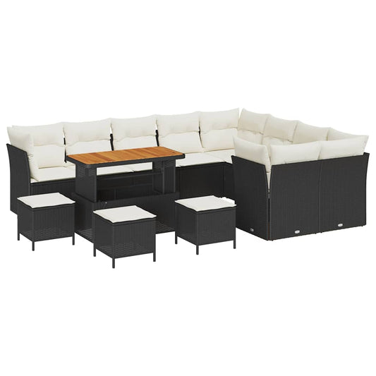 Conjunto de Sofá de Jardim com almofada 13 pcs Preto e creme
