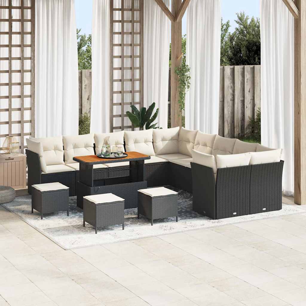 Conjunto de Sofá de Jardim com almofada 14 pcs Preto e creme