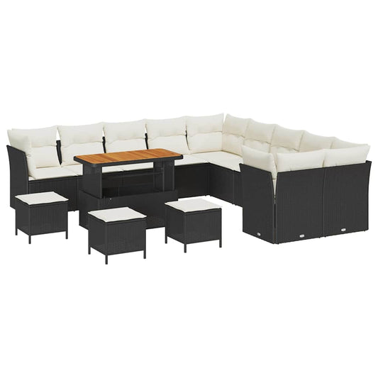 Conjunto de Sofá de Jardim com almofada 14 pcs Preto e creme