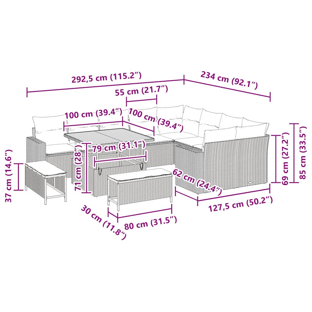 Conjunto de Sofá de Jardim com almofada 13 pcs Preto vime PE