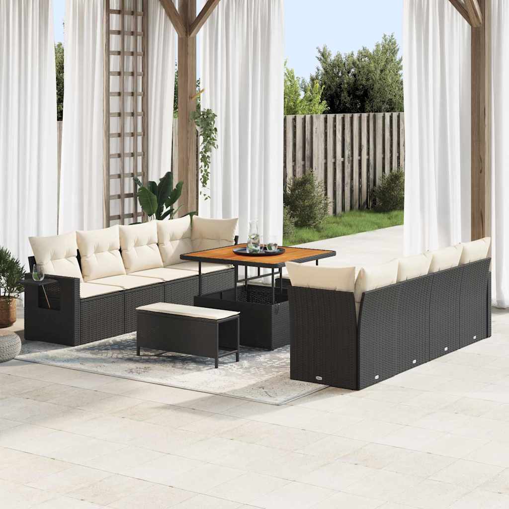 Conjunto de Sofá de Jardim com almofada 11 pcs Preto e creme