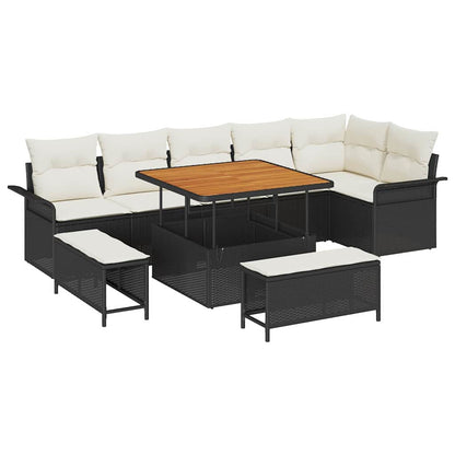 Conjunto de Sofá de Jardim com almofada 9 pcs Preto e Creme