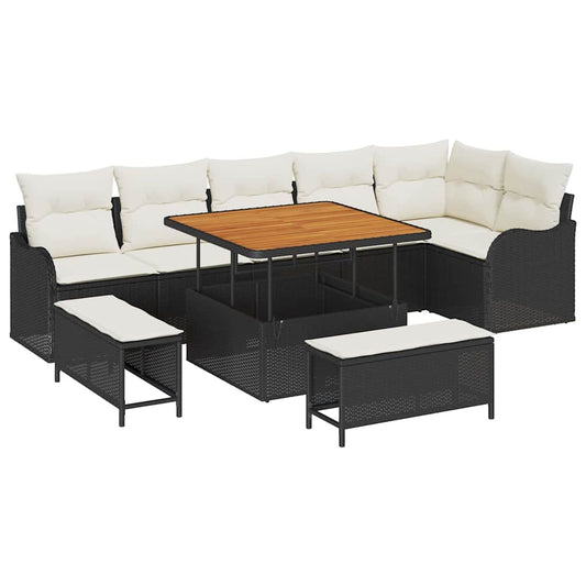 Conjunto de Sofá de Jardim com almofada 9 pcs Preto e Creme
