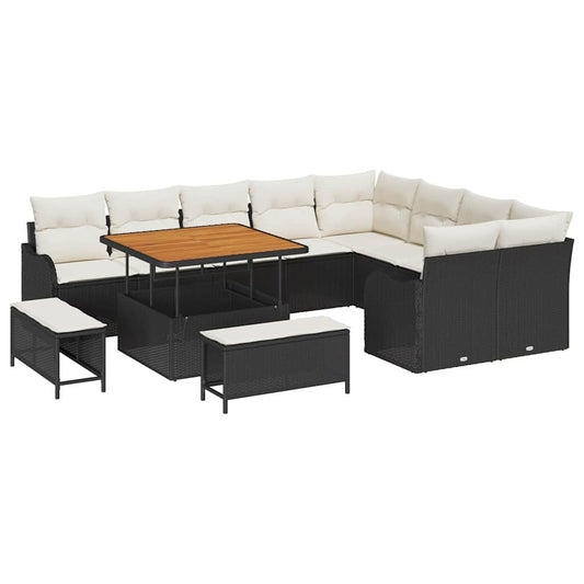 Conjunto de Sofá de Jardim com almofada 12 pcs Preto e Creme
