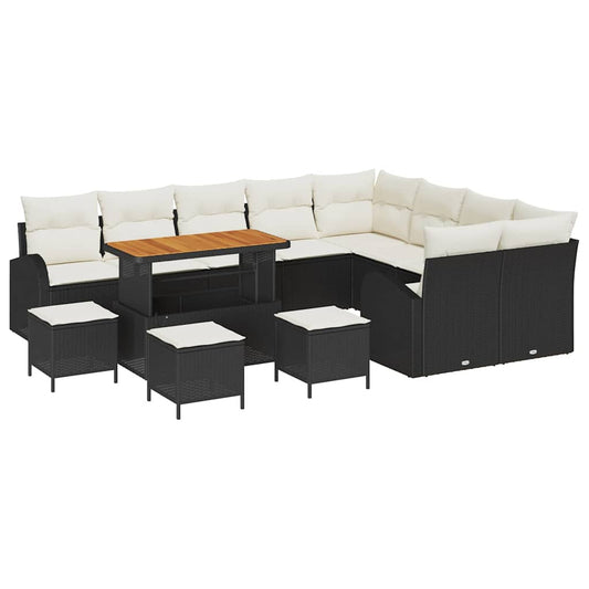 Conjunto de Sofá de Jardim com almofada 13 pcs Preto e Creme
