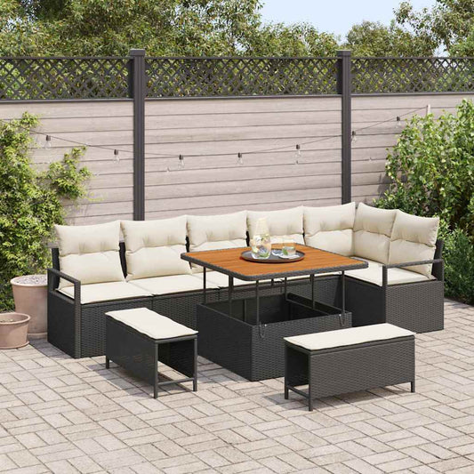 Conjunto de Sofá de Jardim com almofada 9 pcs Preto e Creme