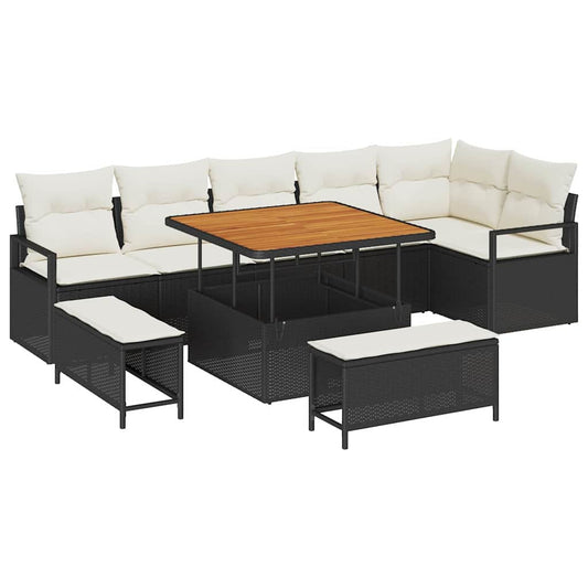 Conjunto de Sofá de Jardim com almofada 9 pcs Preto e Creme