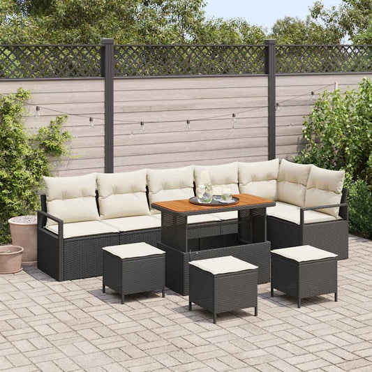 Conjunto de Sofá de Jardim com almofada 10 pcs Preto e Creme