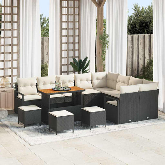 Conjunto de Sofá de Jardim com almofada 13 pcs Preto e Creme