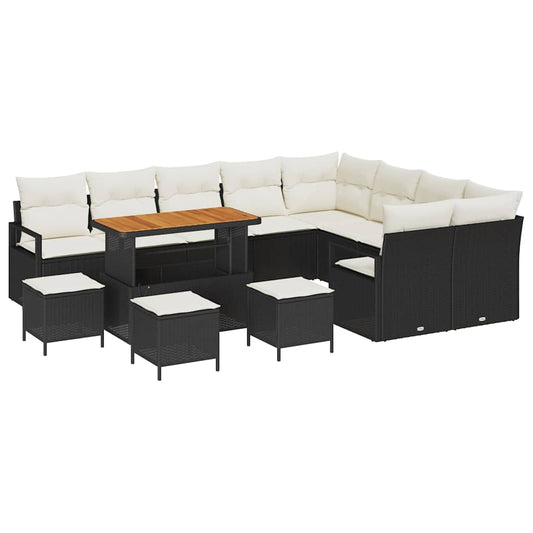 Conjunto de Sofá de Jardim com almofada 13 pcs Preto e Creme
