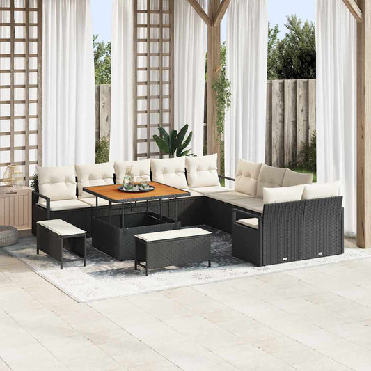 Conjunto de Sofá de Jardim com almofada 13 pcs Preto e Creme