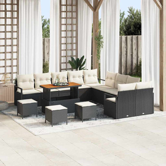 Conjunto de Sofá de Jardim com almofada 14 pcs Preto e Creme