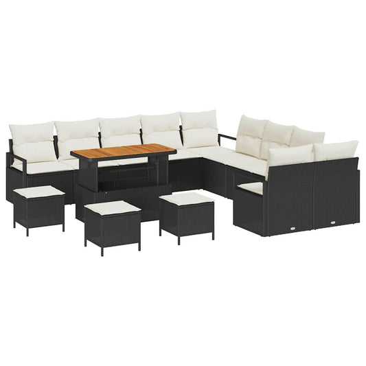 Conjunto de Sofá de Jardim com almofada 14 pcs Preto e Creme