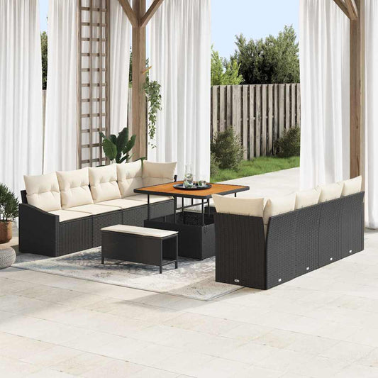 Conjunto de Sofá de Jardim com almofada 11 pcs Preto e Creme