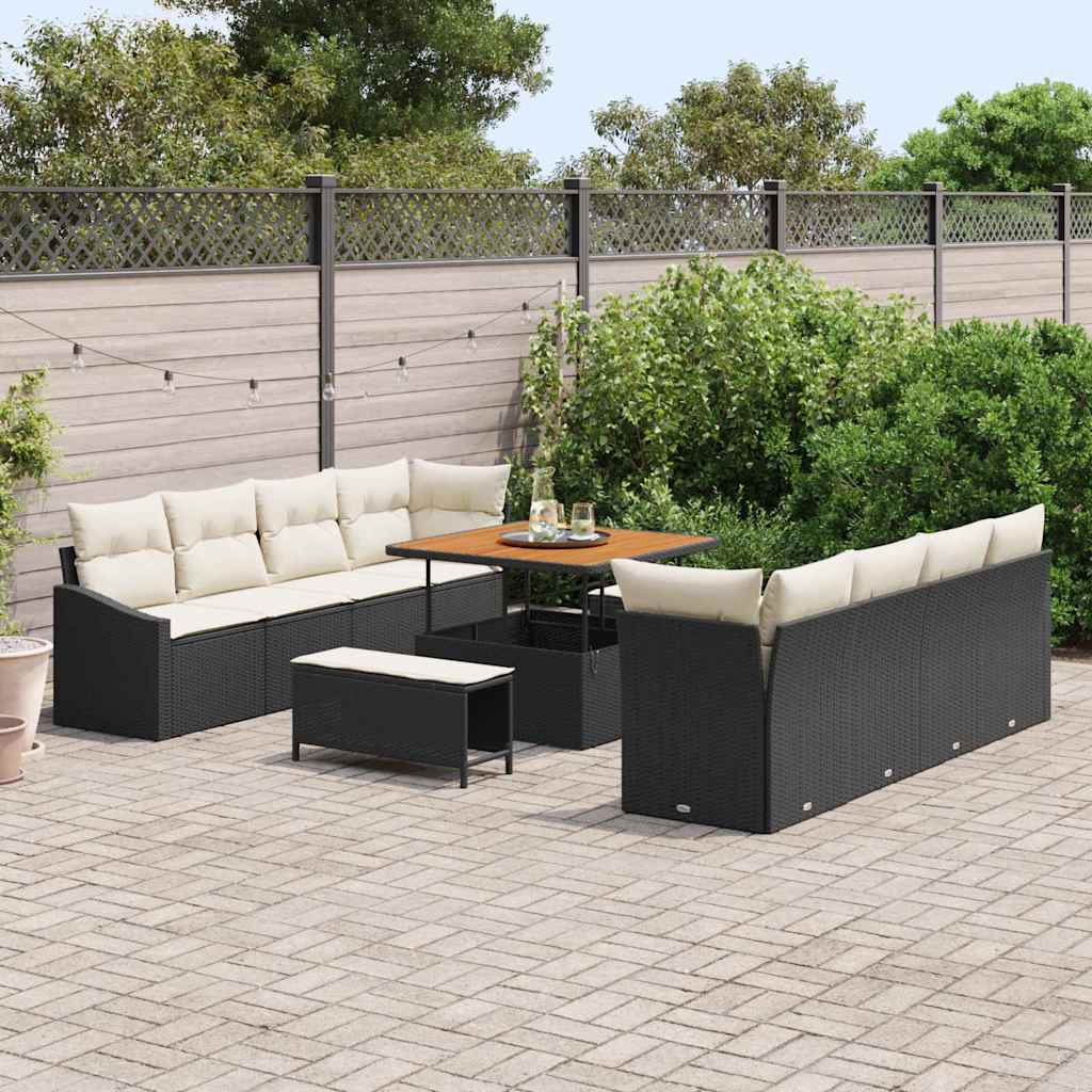 Conjunto de Sofá de Jardim com almofada 11 pcs Preto e Creme