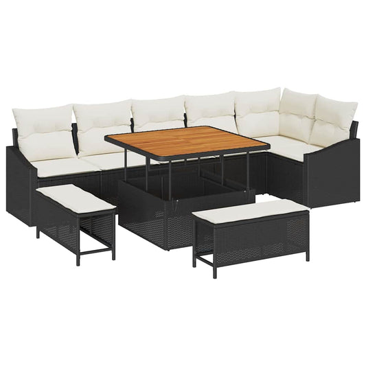 Conjunto de Sofá de Jardim com almofada 9 pcs Preto e Creme