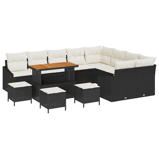 Conjunto de Sofá de Jardim com almofada 13 pcs Preto e Creme