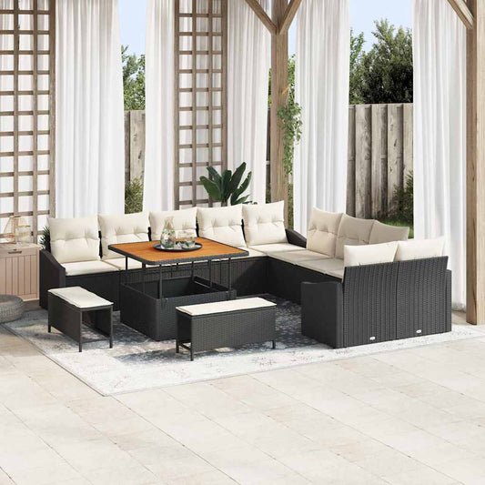 Conjunto de Sofá de Jardim com almofada 13 pcs Preto e Creme
