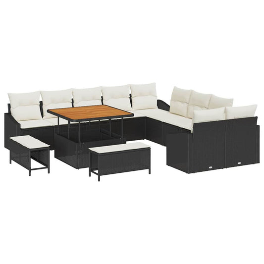 Conjunto de Sofá de Jardim com almofada 13 pcs Preto e Creme