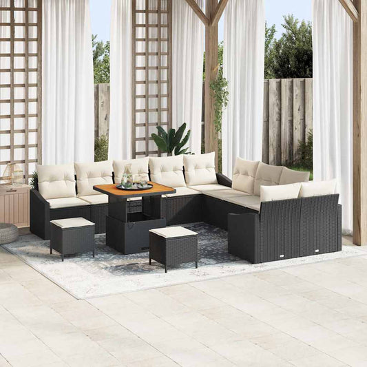 Conjunto de Sofá de Jardim com almofada 13 pcs Preto e Creme