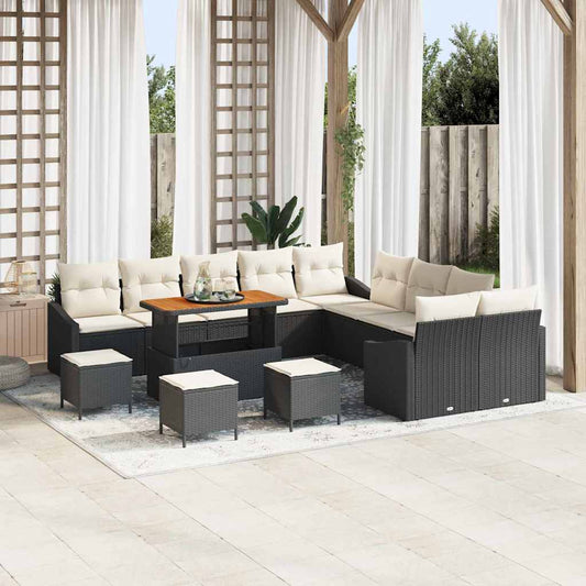 Conjunto de Sofá de Jardim com almofada 13 pcs Preto e Creme