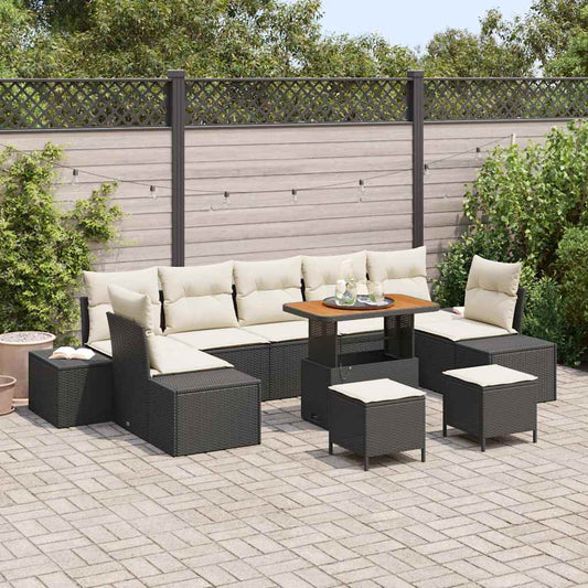 Conjunto de Sofá de Jardim com almofada 10 pcs Preto e Creme