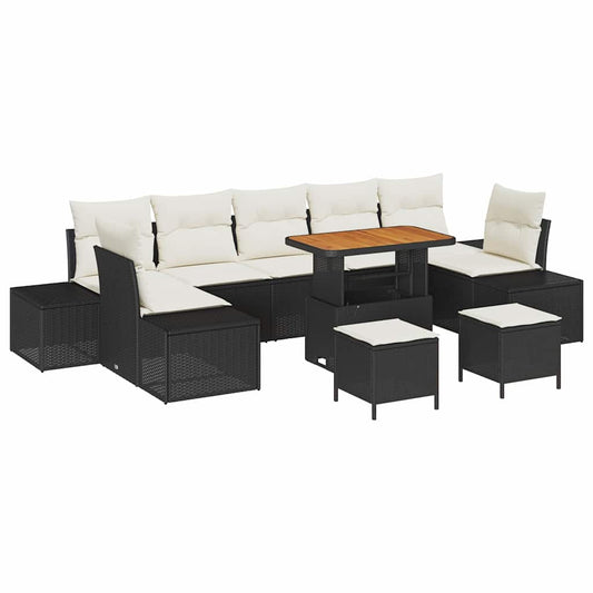 Conjunto de Sofá de Jardim com almofada 10 pcs Preto e Creme