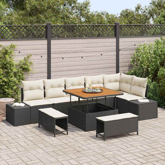 Conjunto de Sofá de Jardim com almofada 9 pcs Preto e Creme