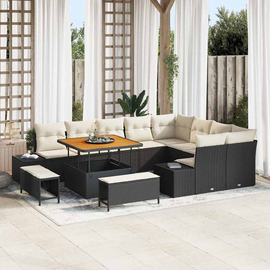Conjunto de Sofá de Jardim com almofada 12 pcs Preto e Creme