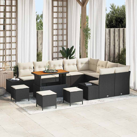 Conjunto de Sofá de Jardim com almofada 12 pcs Preto e Creme
