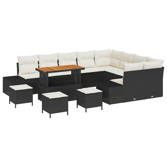 Conjunto de Sofá de Jardim com almofada 12 pcs Preto e Creme