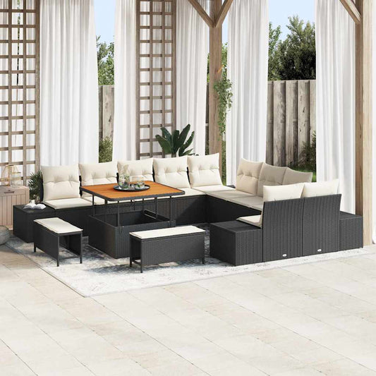 Conjunto de Sofá de Jardim com almofada 13 pcs Preto e Creme