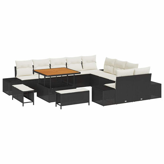 Conjunto de Sofá de Jardim com almofada 13 pcs Preto e Creme
