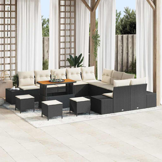 Conjunto de Sofá de Jardim com almofada 13 pcs Preto e Creme