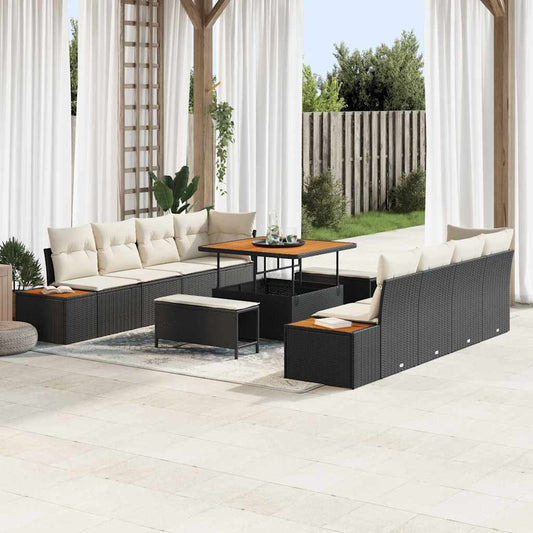 Conjunto de Sofá de Jardim com almofada 11 pcs Preto e Creme