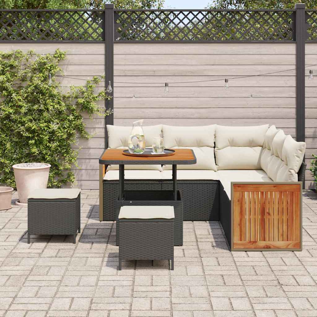 Conjunto de Sofá de Jardim 8 pcs Preto e Creme vime PE