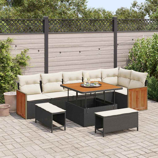 Conjunto de Sofá de Jardim 9 pcs Preto e Creme