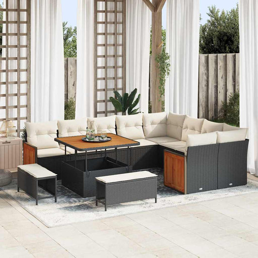 Conjunto de Sofá de Jardim 12 pcs Preto e Creme