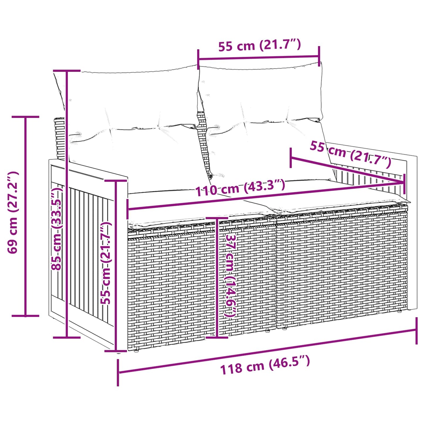 Conjunto de Sofá de Jardim com almofada 13 pcs Preto vime PE