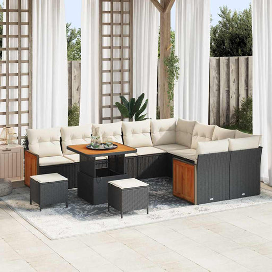Conjunto de Sofá de Jardim 12 pcs Preto e Creme vime PE