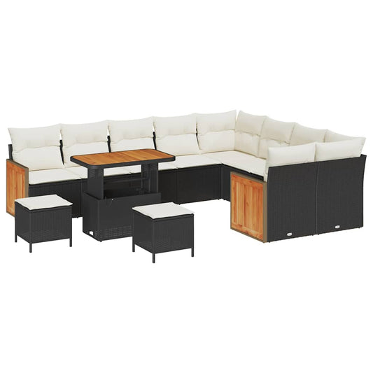 Conjunto de Sofá de Jardim 12 pcs Preto e Creme vime PE