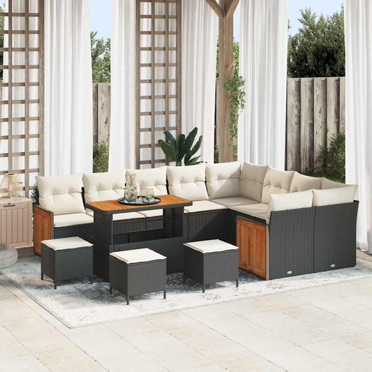 Conjunto de Sofá de Jardim 13 pcs Preto e Creme vime PE