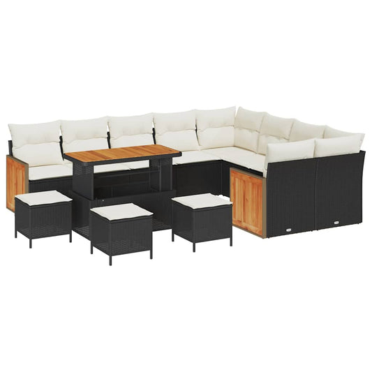 Conjunto de Sofá de Jardim 13 pcs Preto e Creme vime PE