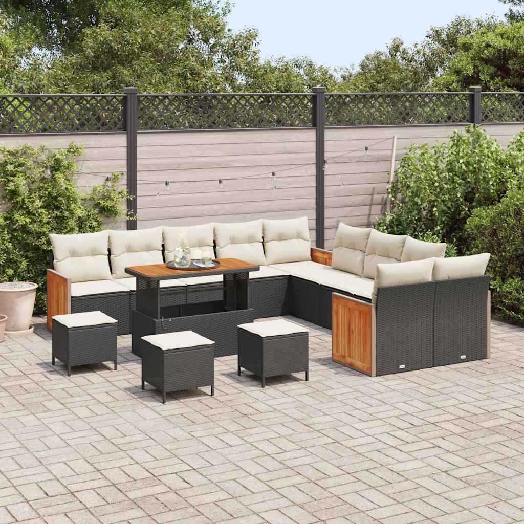 Conjunto de Sofá de Jardim 14 pcs Preto e Creme