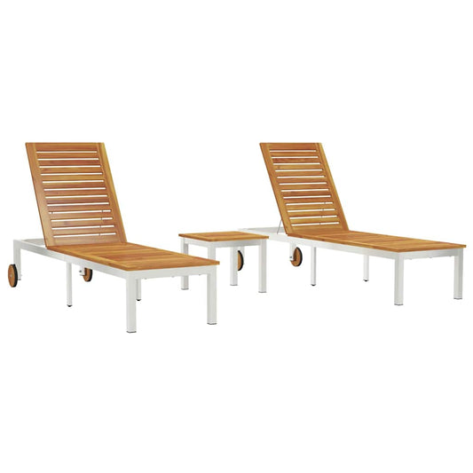 Camas de Sol 2pcs com Mesa 3 pcs Madeira de Acácia Sólida