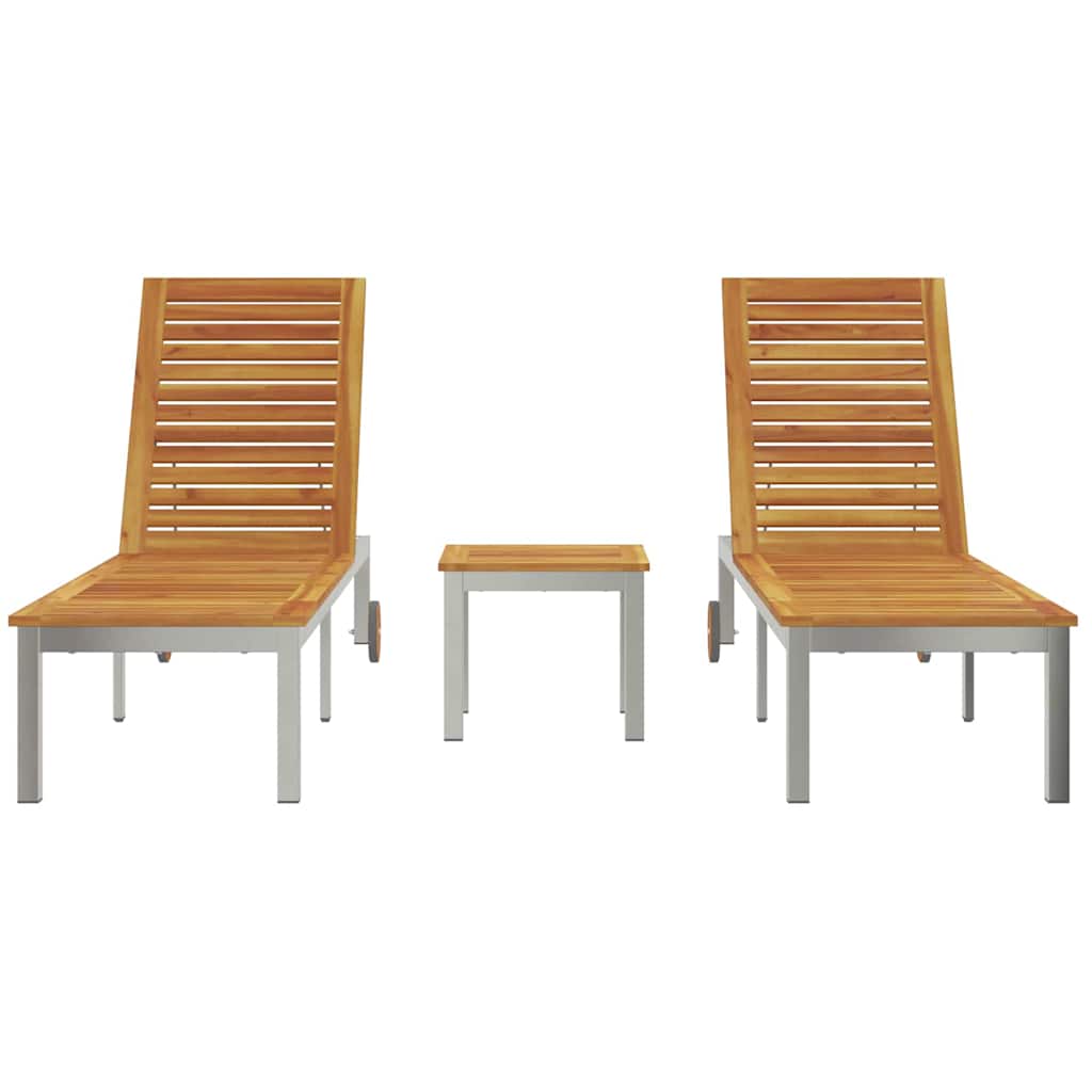 Camas de Sol 2pcs com Mesa 3 pcs Madeira de Acácia Sólida