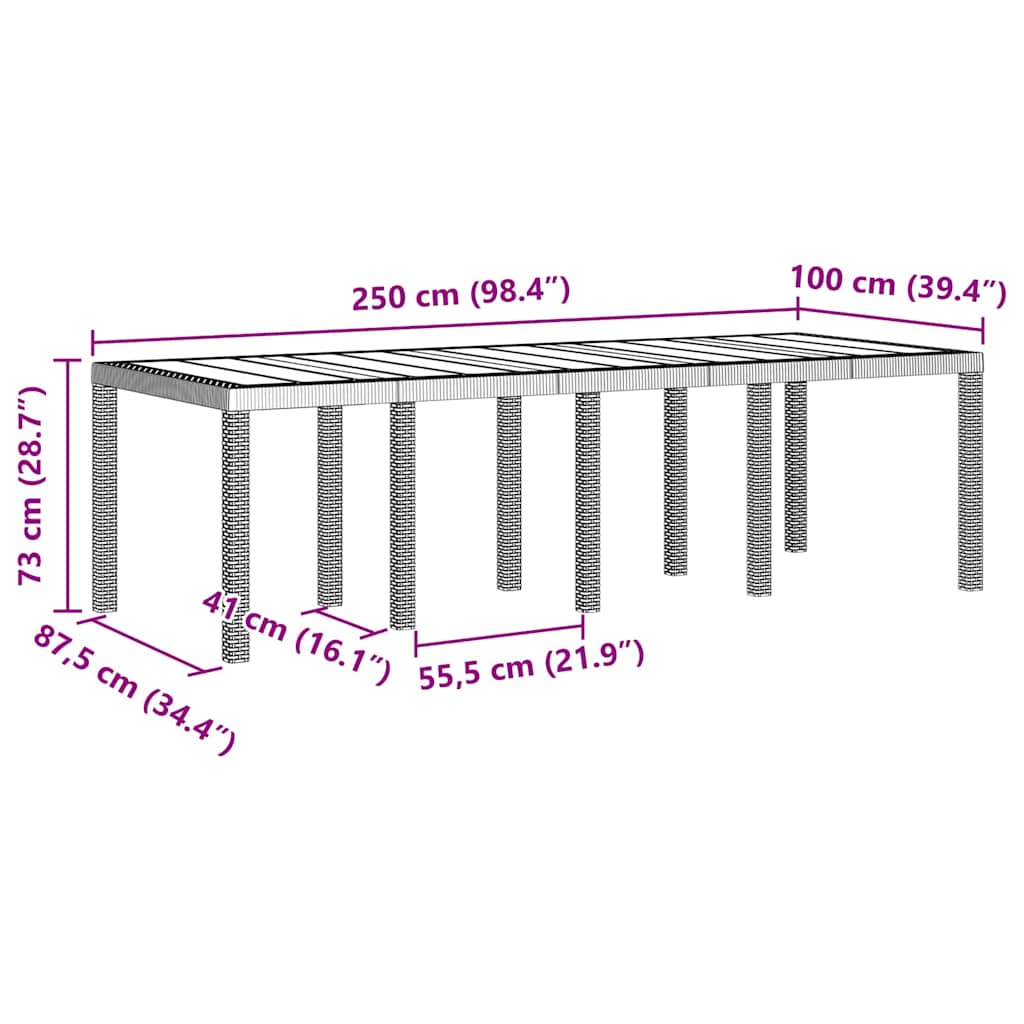 Mesa de Jantar para Jardim Cinzento-claro 250 x 100 x 73 cm